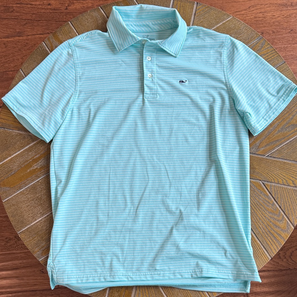 GUC VINEYARD VINES PERFORMANCE POLO SZ KIDS XL AQUA & WHITE STRIPE
